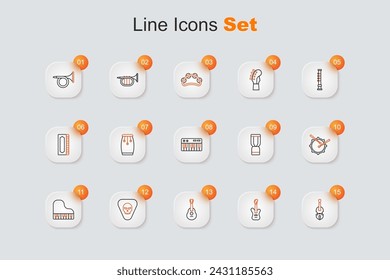 Set line Violin, Electric bass guitar, Guitar, pick, Grand piano, Drum with drum sticks, African djembe and Music synthesizer icon. Vector