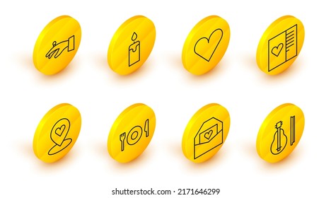 Set line Violin, Envelope with Valentine heart, Plate, fork and knife, Location, Postcard, Heart, Burning candle and Wedding rings hand icon. Vector