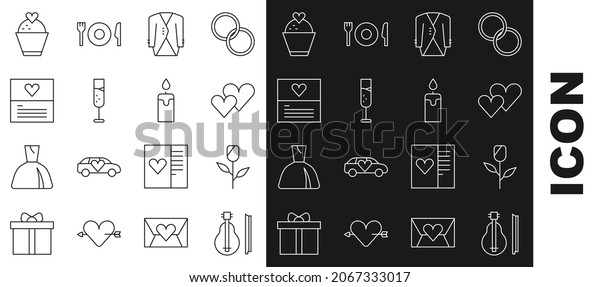Set line Violin, Flower rose, Heart, Suit, Glass\
of champagne, Greeting card, Wedding cake with heart and Burning\
candle icon. Vector