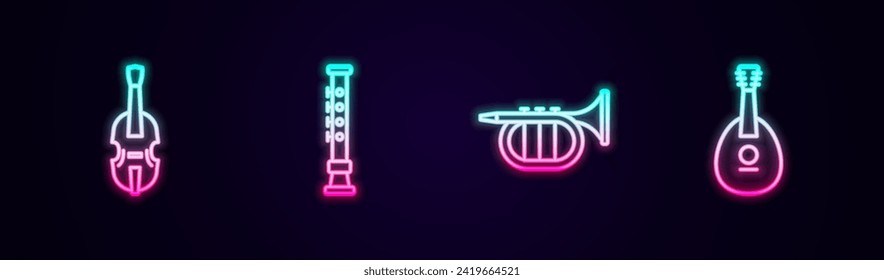 Set line Violin, Flute, Trumpet and Mandolin. Glowing neon icon. Vector