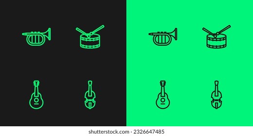 Set line Violin, Guitar, Trumpet and Drum with drum sticks icon. Vector