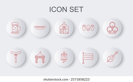 Set line Violin, Sausage on the fork, Farm House, National Germany flag, Wooden beer mug, Hotdog sandwich, Camping tent and Retro wall watch icon. Vector