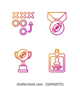 Set line VIP badge, Award cup and American football ball, Planning strategy concept and American Football ball with medal. Gradient color icons. Vector