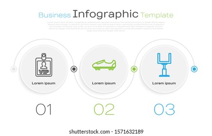 Set line VIP badge, Soccer or football shoes with spikes and American football goal post. Business infographic template. Vector