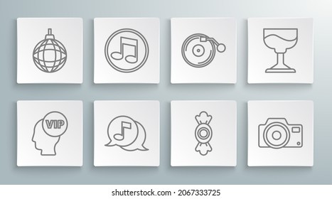 Set line Vip inside head, Music note, tone, Musical speech bubble, Candy, Photo camera, Vinyl player with disk, Cocktail and Disco ball icon. Vector