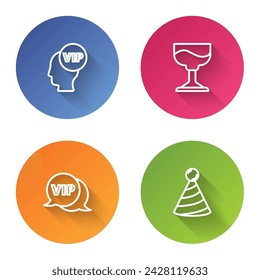 Set line Vip inside head, Cocktail, speech bubble and Party hat. Color circle button. Vector