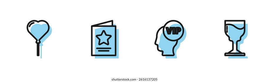 Set line Vip inside head, Balloon form of heart, Greeting card and Wine glass icon. Vector