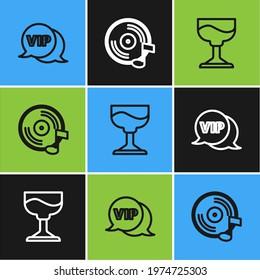Set line Vip in speech bubble, Cocktail and Vinyl disk icon. Vector