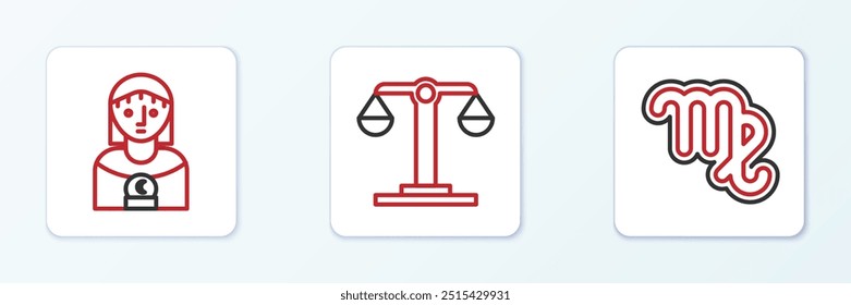 Set line Virgo zodiac, Astrology woman and Libra icon. Vector