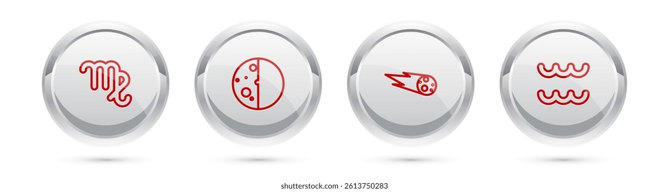Set line Virgo zodiac, Eclipse of the sun, Comet falling down fast and Aquarius. Silver circle button. Vector