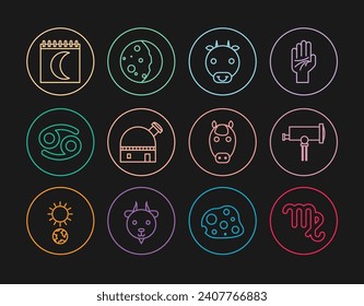 Set line Virgo zodiac, Telescope, Ox, Astronomical observatory, Cancer, Moon phases calendar, Horse and Eclipse of the sun icon. Vector