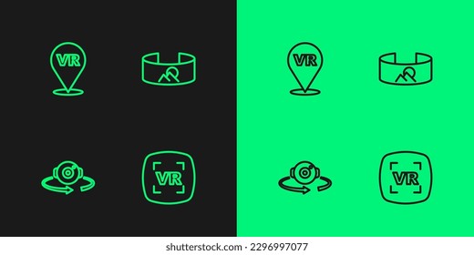 Set line Virtual reality, 360 degree view,  and  icon. Vector