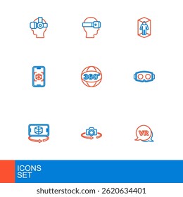 Set line Virtual reality, 360 degree view, 3d modeling, glasses,  and  icon. Vector