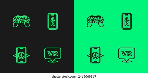 Establecer línea Realidad virtual, modelado 3d, Gamepad y el icono de AR Aumentado. Vector