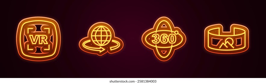 Set line Virtual reality, 3d modeling, 360 degree view and . Glowing neon icon. Vector