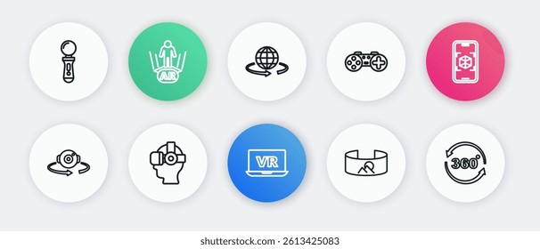 Set line Virtual reality, 3d modeling, 360 degree view, Gamepad,  and glasses icon. Vector
