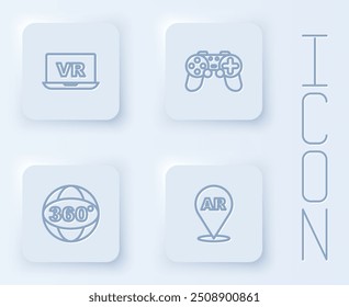 Set line Virtual reality, Gamepad, 360 degree view and Augmented AR. White square button. Vector