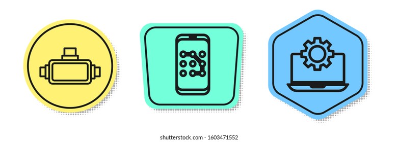 Set line Virtual reality glasses, Mobile and graphic password protection and Laptop and gear. Colored shapes. Vector