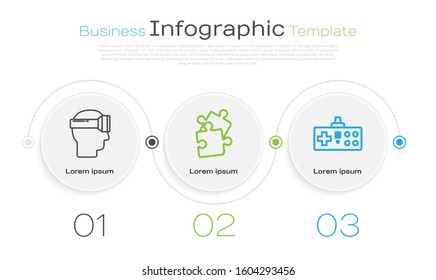 Set line Virtual reality glasses, Piece of puzzle and Gamepad. Business infographic template. Vector
