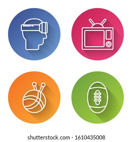 Set line Virtual reality glasses, Television, Yarn ball with knitting needles and American Football ball. Color circle button. Vector