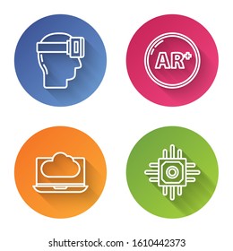 Set line Virtual reality glasses, Ar, augmented reality, Cloud technology data transfer and storage and Processor. Color circle button. Vector