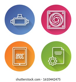 Set line Virtual reality glasses, Computer cooler, Tablet with text 5k and File document. Color circle button. Vector