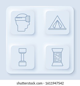 Set line Virtual reality glasses, Tourist tent, Dumbbell and Sewing thread on spool. White square button. Vector