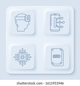Set line Virtual reality glasses, Smartphone, mobile phone, Processor and SSD card. White square button. Vector