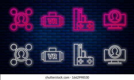 Set line Virtual reality glasses, Game console with joystick, Share and Create account screen. Glowing neon icon on brick wall. Vector