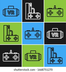 Set line Virtual reality glasses, Gamepad and Game console with joystick icon. Vector