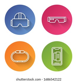 Set line Virtual reality glasses, Smart glasses, Smartwatch and Smartphone, mobile phone. Color circle button. Vector