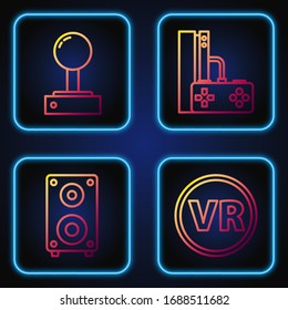 Set line Virtual reality glasses, Stereo speaker, Joystick for arcade machine and Game console with joystick. Gradient color icons. Vector