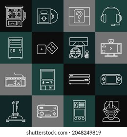 Set line Virtual reality glasses, Portable video game console, Live streaming online, Mystery random box, Game dice, Computer, Slot machine and Racing simulator cockpit icon. Vector