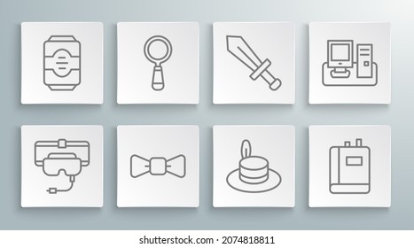 Fijar línea Gafas de realidad virtual, Magnificación, corbata de vaca, sombrero de hombre, libro, espada para el juego, Monitor con teclado y icono de bebida de energía. Vector