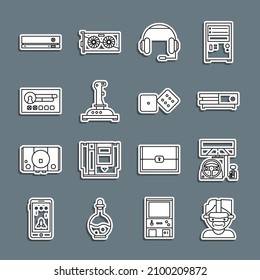 Set line Virtual reality glasses, Racing simulator cockpit, Video game console, Headphones, Joystick for arcade machine, Create account screen,  and Game dice icon. Vector