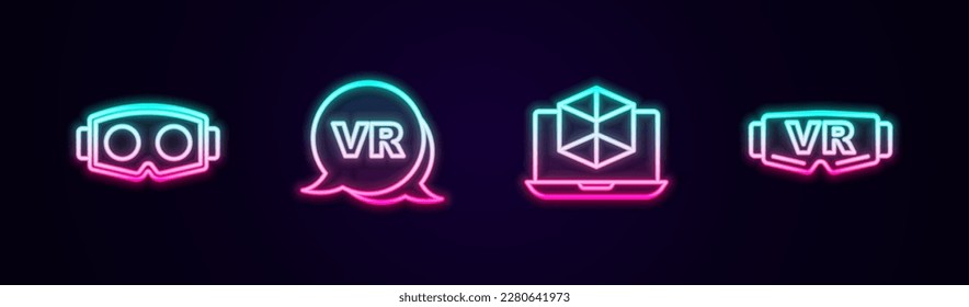 Set line Virtual reality glasses, 3d modeling and . Glowing neon icon. Vector