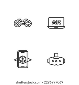 Set line Virtual reality glasses, 3d modeling, Gamepad and Augmented AR icon. Vector