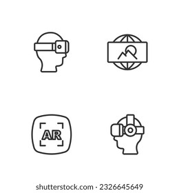 Fijar línea Gafas de realidad virtual, AR aumentada e icono de imagen de gran angular. Vector