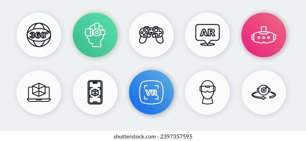 Set line Virtual reality, glasses, 3d modeling, Augmented AR, Gamepad, 360 degree view and  icon. Vector