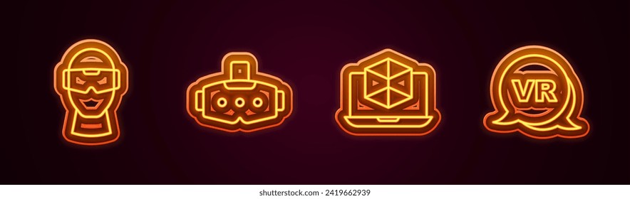 Set line Virtual reality glasses, 3d modeling and . Glowing neon icon. Vector