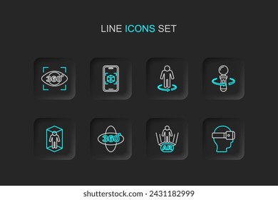 Set line Virtual reality glasses, Augmented AR, 360 degree view, 3d modeling, VR controller game,  and  icon. Vector