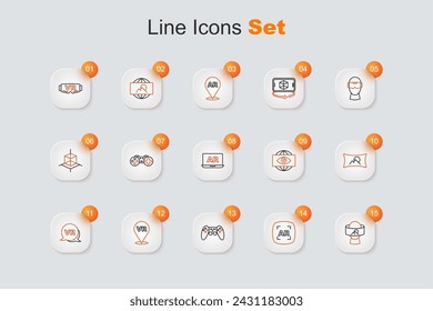 Set line Virtual reality glasses, Augmented AR, Gamepad, Wide angle picture, Big brother electronic eye and  icon. Vector