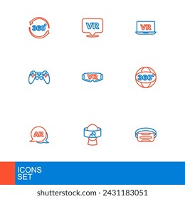 Set line Virtual reality glasses, Augmented AR, 360 degree view, Gamepad,  and  icon. Vector