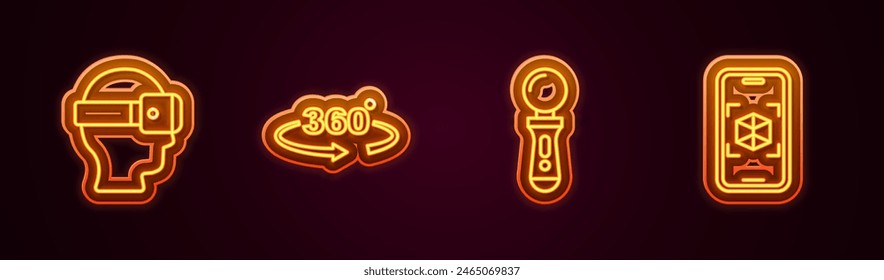 Set line Virtual-Reality-Brille, 360-Grad-Ansicht, VR-Controller-Spiel und 3D-Modellierung. Leuchtendes Neon-Symbol. Vektorgrafik