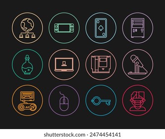 Set line Virtual reality glasses, Microphone, Playing card with diamonds, Laptop, Bottle magic elixir, Computer network, Cartridge and Portable video game console icon. Vector