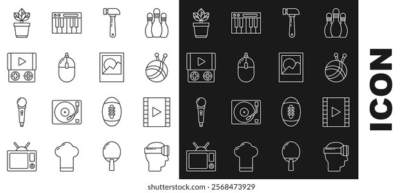 Set line Virtual reality glasses, Play Video, Yarn ball with knitting needles, Hammer, Computer mouse, Portable video game console, Flowers pot and Photo frames icon. Vector