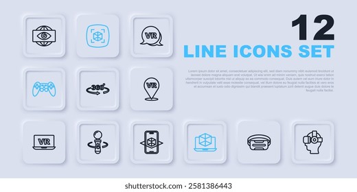 Set line Virtual reality glasses, 360 degree view, 3d modeling, Gamepad, VR controller game,  and  icon. Vector