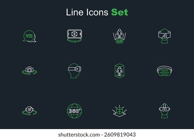Set line Virtual reality glasses, 3d modeling, 360 degree view,  and  icon. Vector