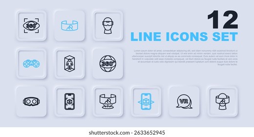 Set line Virtual reality, glasses, 3d modeling, Gamepad, 360 degree view and  icon. Vector