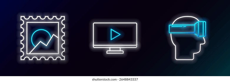 Set line Virtual Reality Brille, Bildlandschaft und Online-Wiedergabe Video-Symbol. Leuchtendes Neon. Vektorgrafik